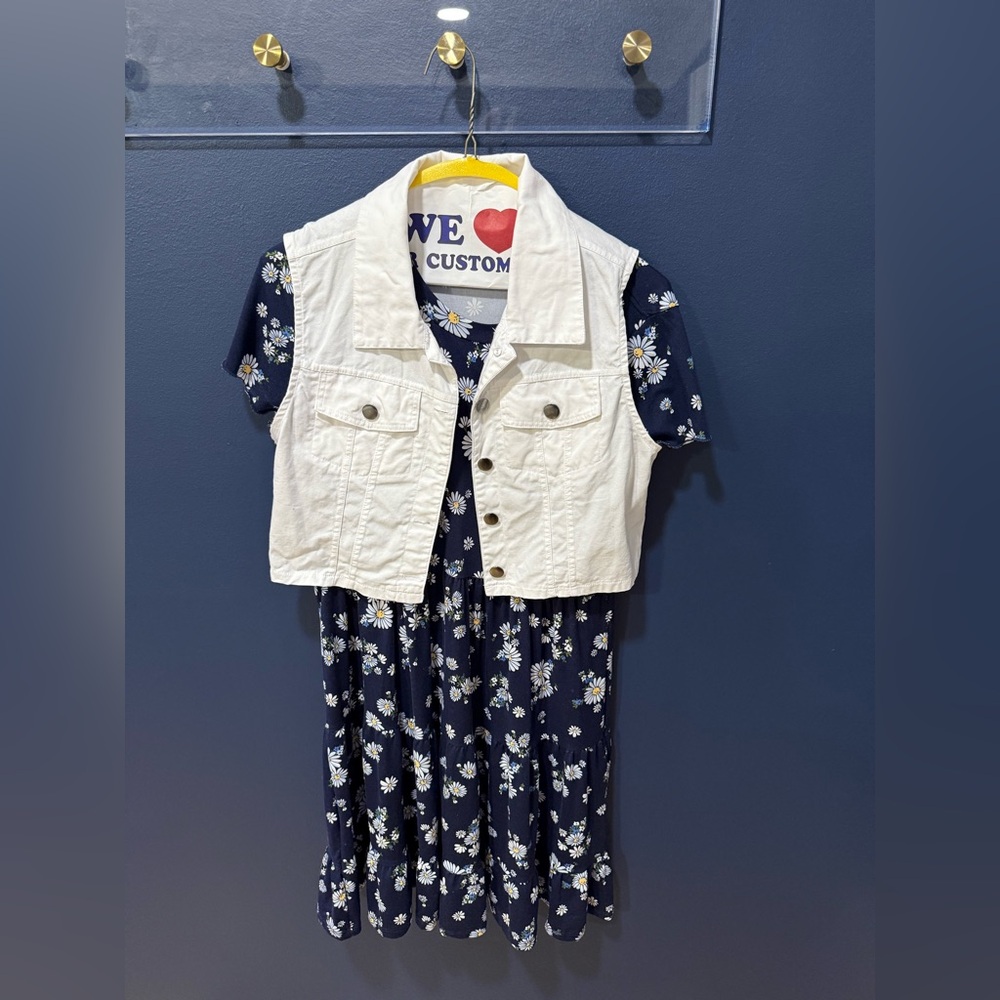 Knitworks Navy Floral Dress with White Denim Vest